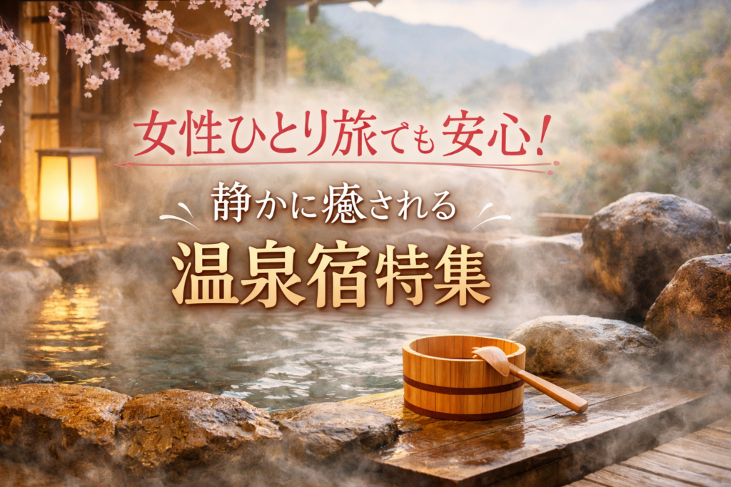 女性ひとり旅でも安心！静かに癒される温泉宿特集 のアイキャッチ画像1200×630を作成して